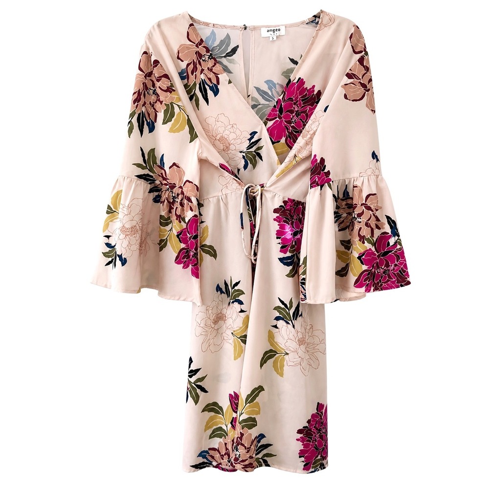Coquette Floral Bell Sleeve Bohemian Mini Dress Women's Large Faux Wrap